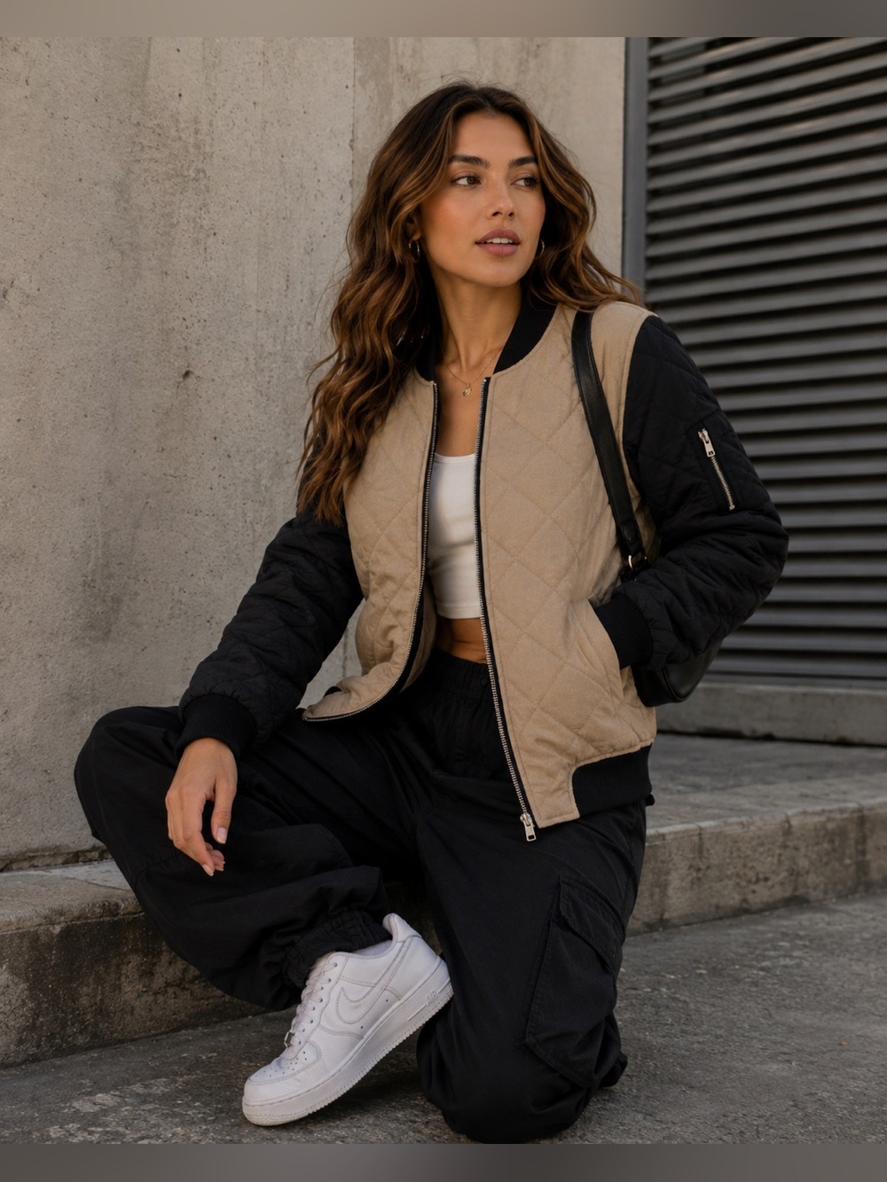 Active USA Quilted Bomber Jacket Beige Black Full Zip Women’s Small NWT